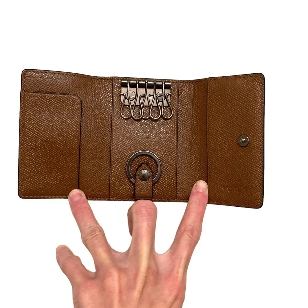 Coach brown textured leather key card hold mini wallet